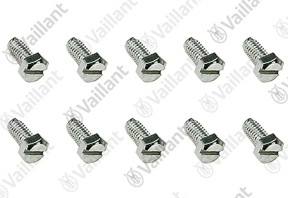 Zehn metallische Schrauben der Marke Vaillant, mit Sechskantkopf und gerilltem Schaft, auf hellem Hintergrund angeordnet.